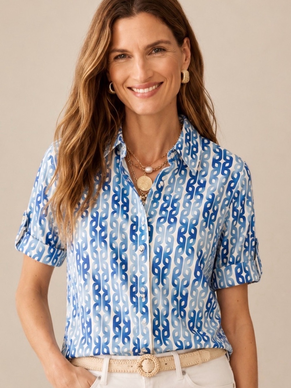 J. McLaughlin Blue and White Chain-Link Button-Down Shirt